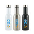 A drink bottle set featuring three vacuum bottles in white, stainless steel, and black, each with a logo.