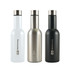 A drink bottle set featuring three vacuum flasks in white, stainless steel, and black, each with a logo.