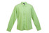 A light green long sleeve button-up shirt with a collar and a logo on the label.