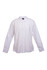 A white long sleeve button-up shirt with a collared neckline, featuring a logo on the tag.