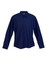 A navy blue long sleeve button-up shirt with a collar and a logo detail on the chest.