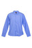 A men's long sleeve button-up shirt in light blue with a collar and a logo on the label.