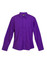A purple long sleeve button-up shirt with a collar and a branded tag.