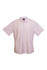 A short-sleeved button-up shirt in light pink, featuring a collar and a logo on the label.