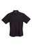 A men's short sleeve button-up shirt in black with a logo on the collar.