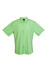A green short sleeve button-up shirt with a collar and a logo on the label.