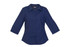 A navy blue women's 3/4 sleeve button-up shirt with a collar and a logo on the label.