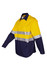 A long sleeve shirt in yellow and navy with reflective stripes and a logo on the chest pocket.