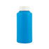 A drink bottle in bright blue with a white screw cap and a smooth exterior. It has a logo on the surface.