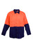 A long sleeve work shirt in orange and navy, featuring button-up front and two chest pockets. Includes a branding logo.