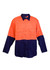 A long sleeve shirt featuring a fluorescent orange upper and navy blue lower, with two chest pockets and a logo.