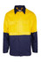 A long sleeve shirt featuring a yellow top half and a navy blue bottom half, with two chest pockets and a logo.