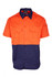 A short sleeve work shirt in bright orange and navy blue, featuring two front pockets and a logo on the label.