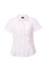 A women's button-up shirt in white with short puff sleeves and a fitted design. It features a logo on the label.