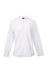 A white button-up shirt with long sleeves and a pocket, featuring a logo on the label.