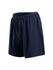 Navy men's shorts featuring a flexible material with a 4-way stretch design and an elastic waistband.