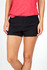 Black women's FLEX shorts featuring a 4-way stretch design, paired with a red top. The shorts have an elastic waistband.