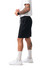Men's black cotton sandwich shorts with an elastic waistband and pockets, modelled by a person wearing a white T-shirt and sneakers.