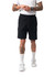 Black cotton dress shorts with an elastic waistband and side pockets, featuring a logo on the leg.
