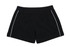 Black sports shorts with a simple design and white piping, featuring a logo on the side.