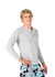 A grey long-sleeve men's t-shirt features a round neckline and a logo. The model wears patterned swim shorts.