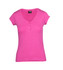 A women's T-shirt in vibrant pink with a V-neck and short sleeves, featuring button details and a logo.