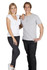 A woman in a white Hanley T-shirt and black jeans stands beside a man in a grey Hanley T-shirt and black pants.