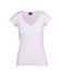 A white Women's Hanley T-shirt featuring a V-neck and cap sleeves, with a button detail and a logo.