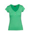 A green women's t-shirt featuring short sleeves and a v-neck with button detailing. It includes a brand logo.