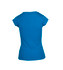 A blue women's t-shirt with short sleeves, featuring a fitted style and a plain back. It has a branding logo.