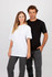 A black and a white unisex t-shirt displayed on models, featuring a casual fit and short sleeves.