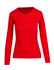 A red women's long sleeve T-shirt with a round neckline and fitted design.