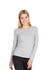 A women's long sleeve T-shirt in grey, featuring a fitted style and round neckline, displayed by a model.