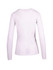 A white women's long sleeve t-shirt with a fitted design and a round neckline, featuring a logo on the back.