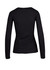 A black women's long sleeve T-shirt featuring a fitted design and a round neckline, with a logo on the back.