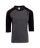A grey and black kids' 3/4 raglan sleeve T-shirt with a branding logo.