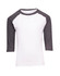 A kids’ 3/4 raglan sleeve T-shirt featuring white fabric with grey sleeves, complete with a logo.