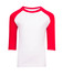 A Kids 3/4 raglan sleeve T-shirt featuring red sleeves and a white body, with a brand logo on the front.