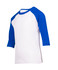 A kids' 3/4 raglan sleeve t-shirt with white body and blue sleeves, featuring a logo on the back.