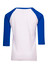 A kids' 3/4 raglan sleeve T-shirt featuring a white body and blue sleeves. It has a logo on the back.