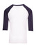 A kids' 3/4 raglan sleeve T-shirt featuring a white body and navy sleeves. The shirt has a logo on the back.