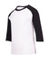 A kids' 3/4 raglan sleeve T-shirt featuring black sleeves and a white body. It has a simple design and a logo.