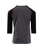 A grey 3/4 raglan sleeve T-shirt with black sleeves and a simple back design. It features a branding logo.