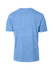 A blue stone wash T-shirt with a crew neck and short sleeves, featuring a plain back and a logo.