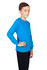 A kid's long sleeve T-shirt in bright blue, displayed on a model wearing black pants. The shirt has a simple design and logo.