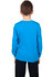 A kid's long sleeve T-shirt in vibrant blue, shown from the back. Features branding.