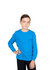 A bright blue long sleeve T-shirt for kids, featuring a round neckline and a logo on the front.