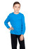 A blue long sleeve T-shirt on a child, paired with black trousers. The shirt features a logo on the front.