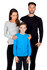 A black long sleeve t-shirt and a grey long sleeve t-shirt, featuring a young boy in a blue long sleeve t-shirt.