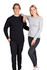 A black unisex long sleeve t-shirt worn by a man and a grey long sleeve t-shirt worn by a woman, both standing together.